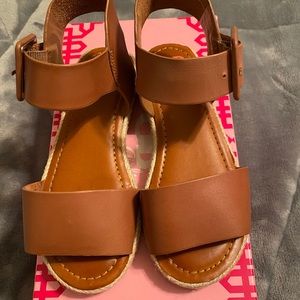 GB GIRLS TAN KAYGAN LEATHER ESPADRILLE FLAT SANDAL